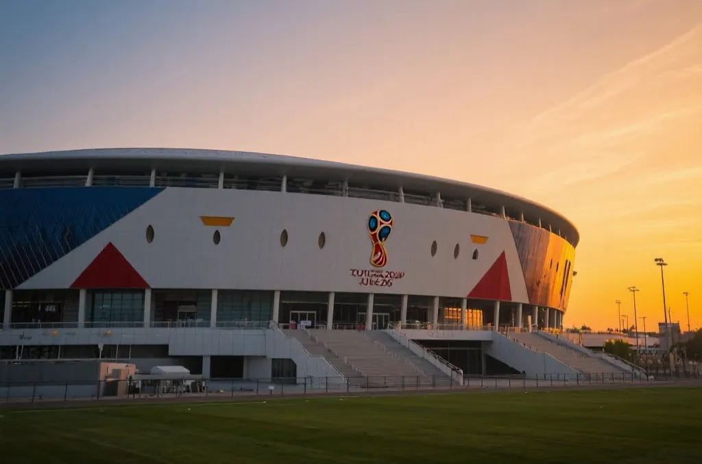 2026 World Cup modern stadium exterior at sunset wide angle